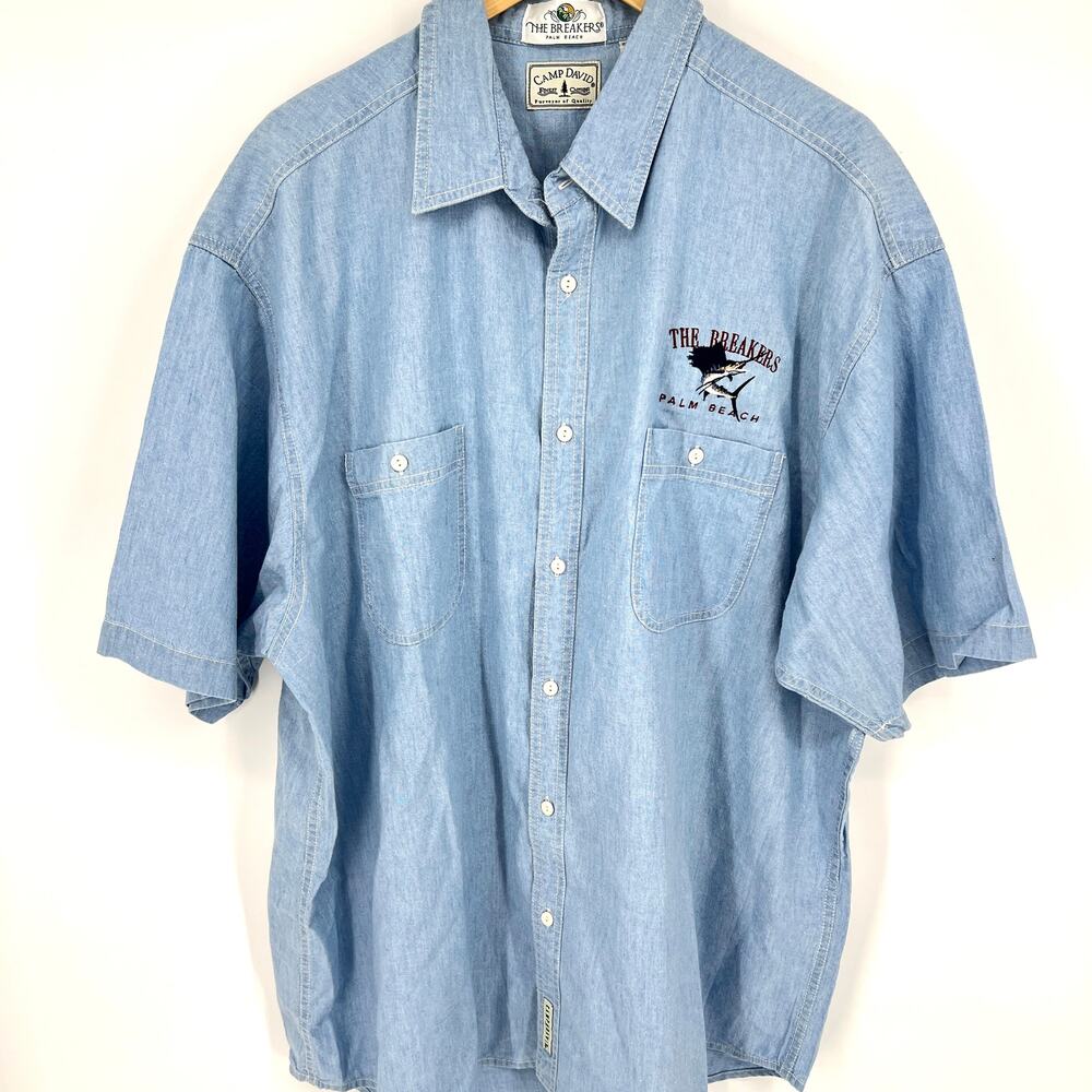 VTG The Breakers Palm Beach Embroidered Chambray Button Shirt Short Sleeve XL